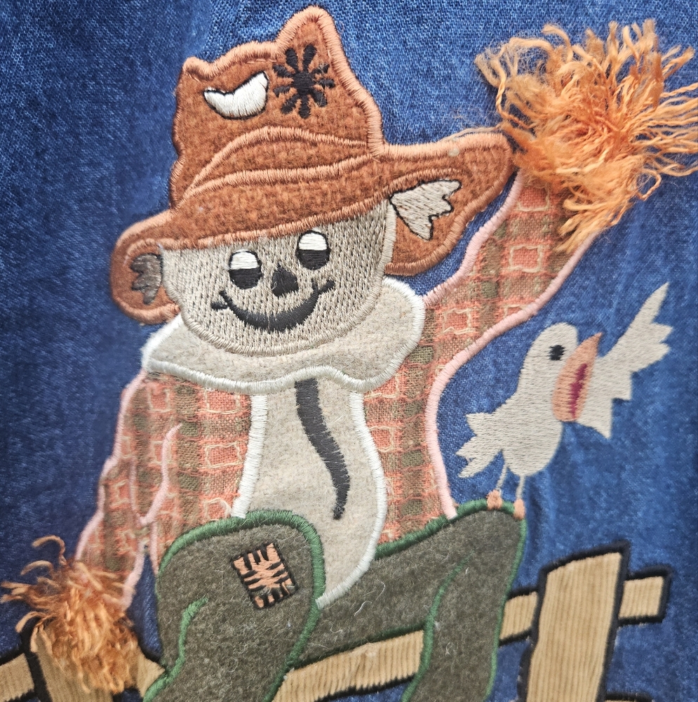 DRESS BARN | Scarecrow Pumpkins Fall Harvest Denim Button Up Shirt Sz XL - Picture 6 of 14